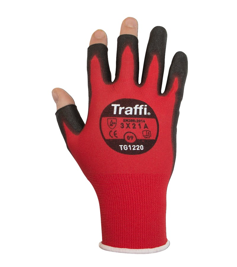 TG1220 TraffiGlove®PU涂层开指红色尼龙A1切割安全工作手套