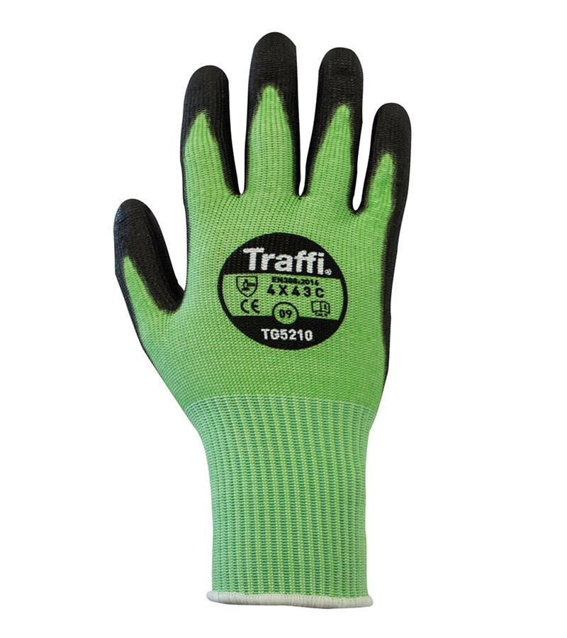 TG5210TraffiGlove® PU Coated Cut-Resistant  Green Nylon/HPPE A3 Cut Level Work Gloves