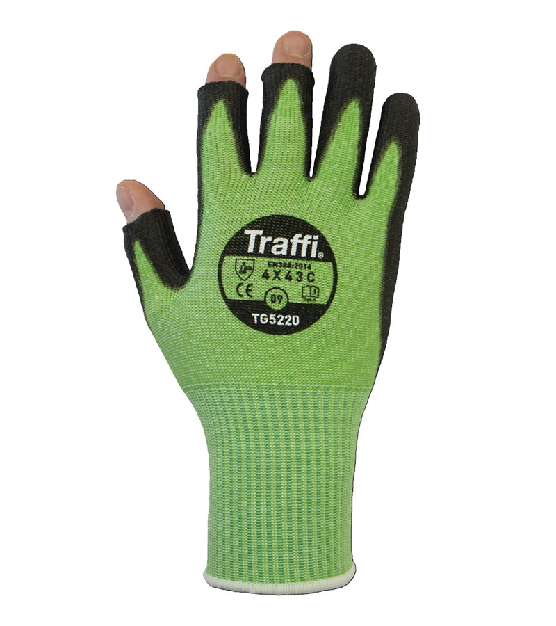 TG5220 TraffiGlove® PU Coated Open Finger Green Colored Nylon/HPPE/glass Cut Level A3 Work Safety Gloves