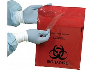 带胶条的生物危害废物袋，P0850S塑料粘合剂红色生物危害座椅袋- 6 ' x 6 '