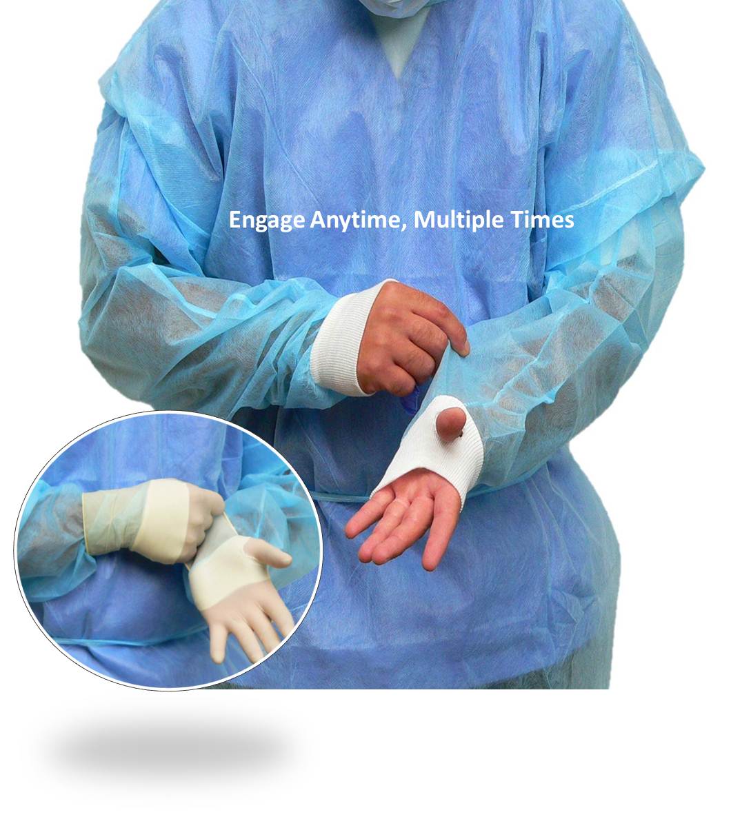 MDS一次性耐液蓝色聚丙烯隔离服，带可选腕盾拇指缝袖口技术
