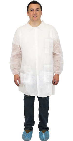Keystone一次性聚丙烯实验室外套，有3个口袋，编织手腕和单领