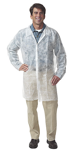 安全区域®白色聚丙烯实验室外套，无口袋，弹性袖口