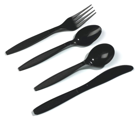 优质来源®重重量一次性黑色聚丙烯叉子，茶匙，汤勺和刀