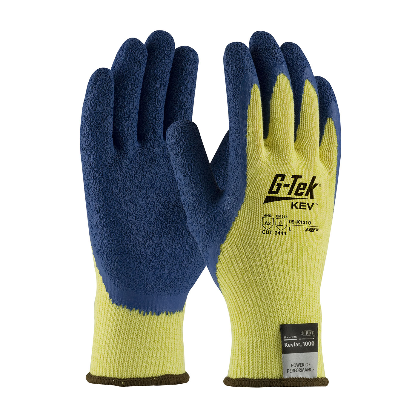 PIP G-Tek®KEV™Kevlar®乳胶涂层防割伤防护工作手套，带褶皱涂层。切断第三层。