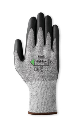 anell®HyFlex®#11-435耐割伤聚氨酯涂棕榈工作手套。减少3级。
