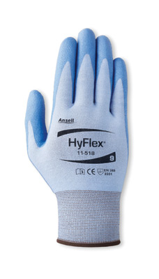[11518] Ansell®HyFlex®#11-518耐切割聚氨酯涂棕榈工作手套。切断第2关。