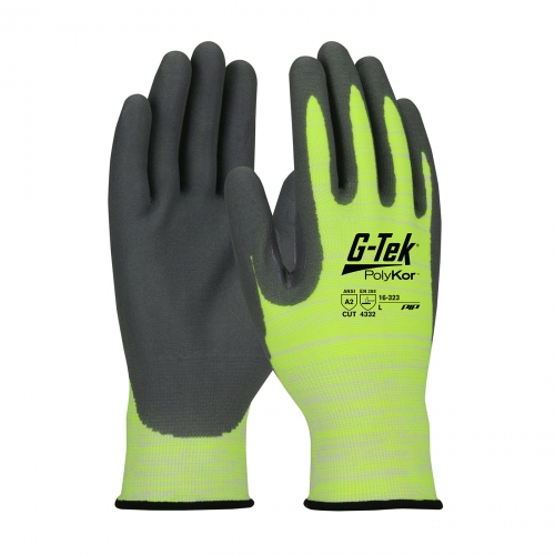 PIP®G-Tek®PolyKor™无缝针织Hi-Vis手套，手掌和手指上有丁腈涂层泡沫握把