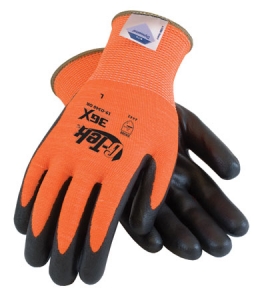 19-D340OR PIP® G-Tek® 3GX® Dyneema® Hi-Viz Orange A4 Cut-Resistant Work Gloves, Diamond Technology, Lime Green with Black Foam Nitrile Palm and Fingertip Coating