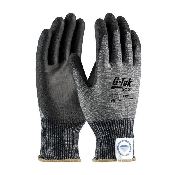 PIP®G-Tek®3GX™无缝针织Dyneema®抗钻石切割莱卡手套，带聚氨酯涂层光滑握把