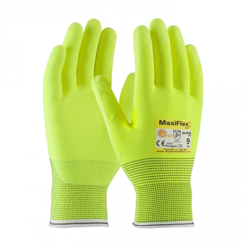 #34-8743FY PIP®MaxiFlex®Cut™微泡沫棕榈涂层高可见无缝针织手套
