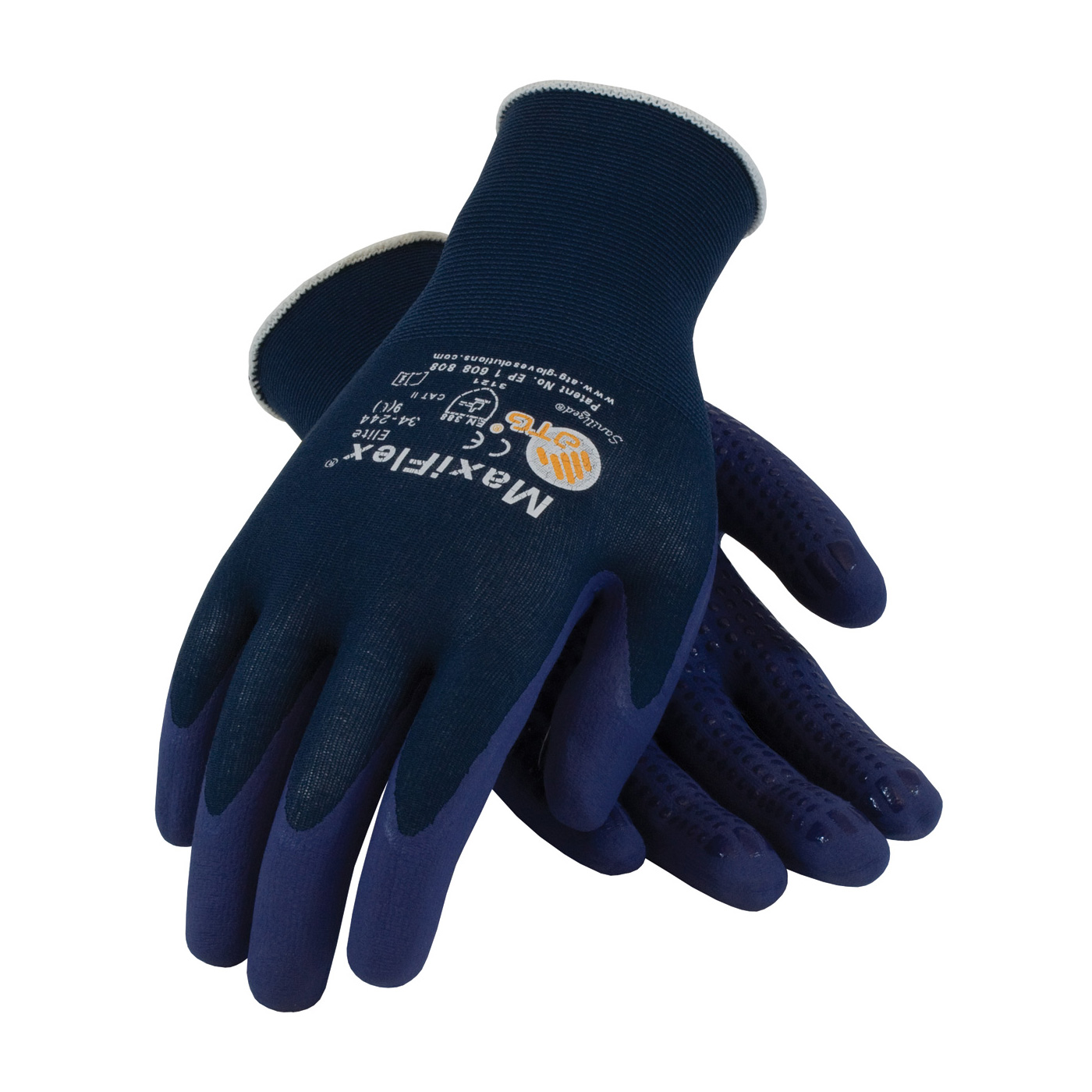 MaxiFlex®Elite™尼龙手套采用丁腈斑点手掌，蓝色手掌和指尖涂层