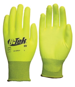 33-425LY PIP®G-Tek®GP™Hi-Vis无缝针织聚酯手套，聚氨酯涂层光滑的手掌和手指握把
