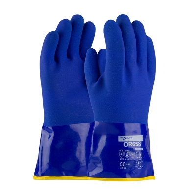 PIP®ProCoat®绝缘防水蓝色PVC手套，带橙色可拆卸手套内衬和桑迪握把表面